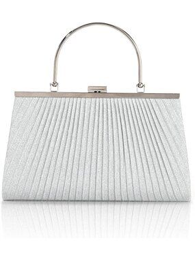 Women's Silver Glitter Pleated Clutch Wedding Prom Party Purse Evening Bag